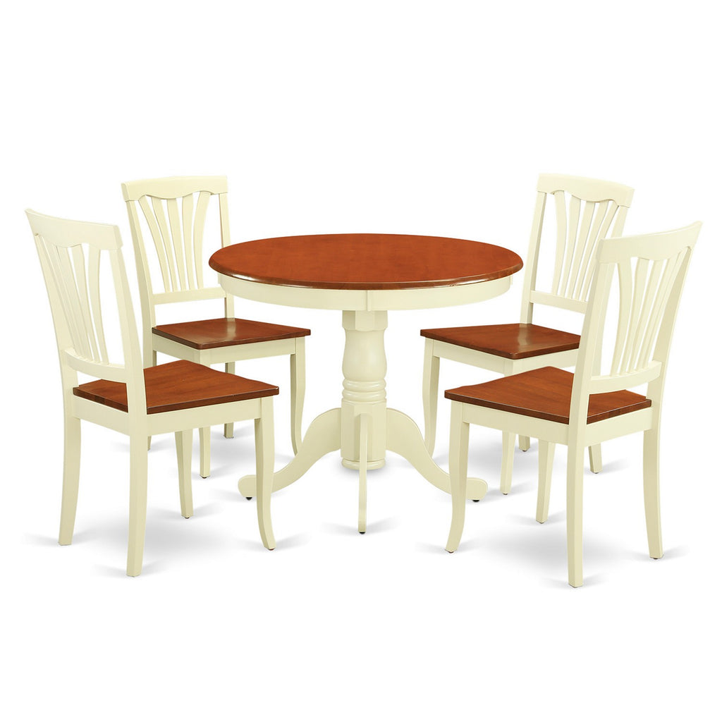 East West Furniture ANAV5-WHI-W 5 Piece Dining Room Furniture Set Includes a Round Kitchen Table with Pedestal and 4 Dining Chairs, 36x36 Inch, Buttermilk & Cherry
