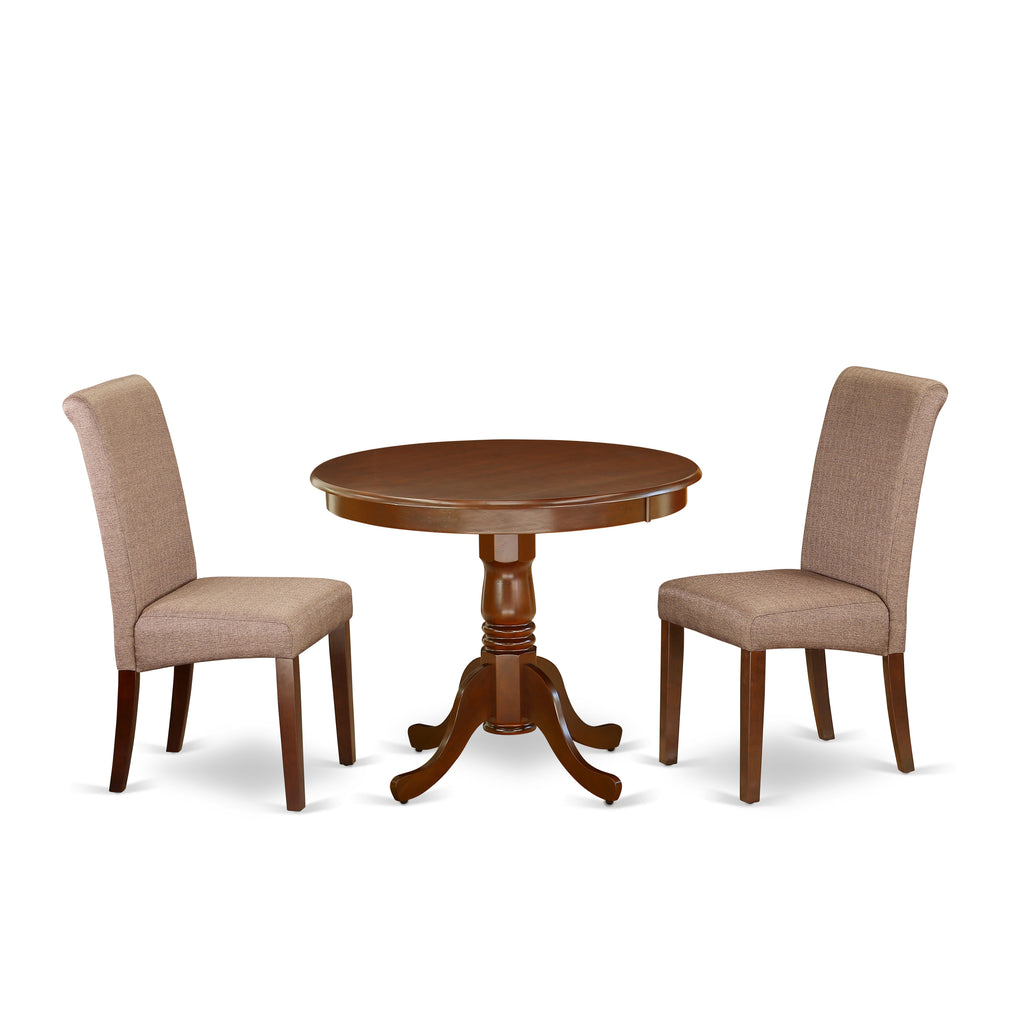 East West Furniture ANBA3-MAH-18 3 Piece Dinette Set for Small Spaces Contains a Round Kitchen Table with Pedestal and 2 Brown Linen Linen Fabric Parsons Chairs, 36x36 Inch, Mahogany