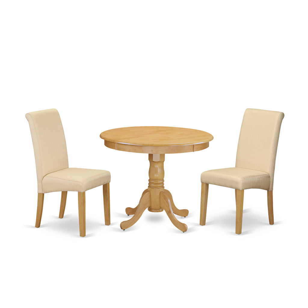 East West Furniture ANBA3-OAK-02 3 Piece Kitchen Table & Chairs Set Contains a Round Dining Room Table with Pedestal and 2 Light Beige Linen Fabric Parson Chairs, 36x36 Inch, Oak