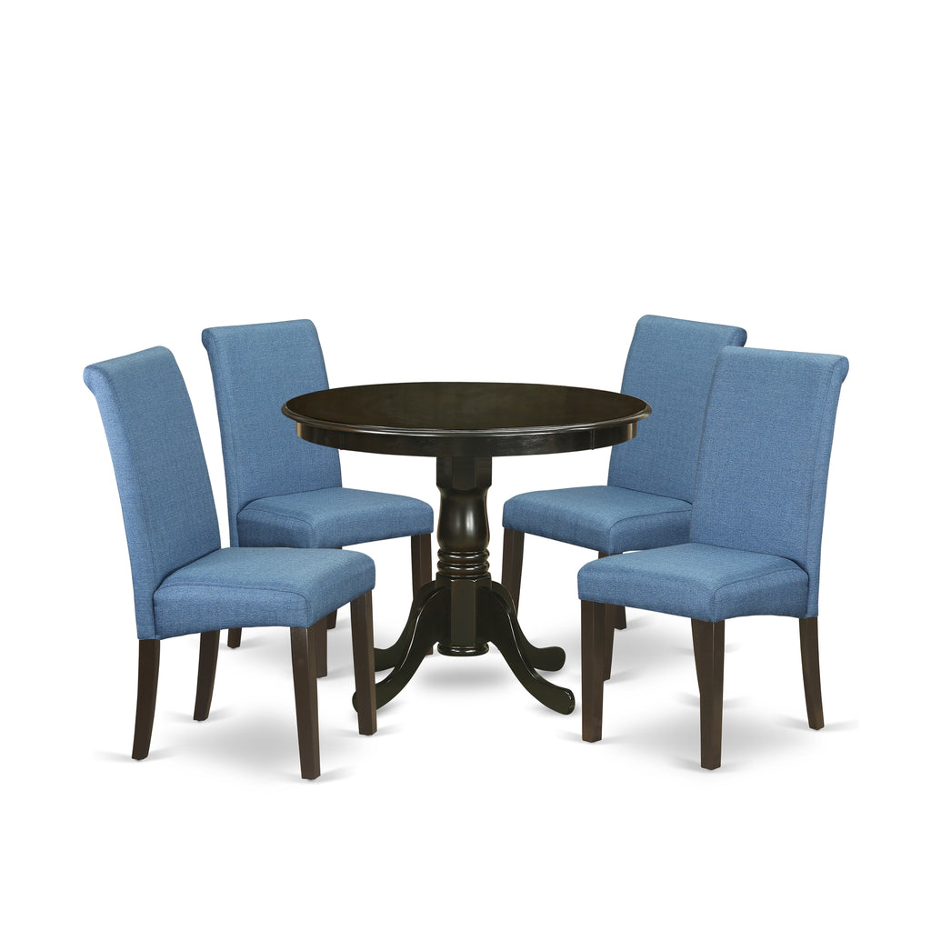 East West Furniture ANBA5-CAP-21 5 Piece Dining Table Set for 4 Includes a Round Kitchen Table with Pedestal and 4 Blue Color Linen Fabric Parson Dining Chairs, 36x36 Inch, Cappuccino