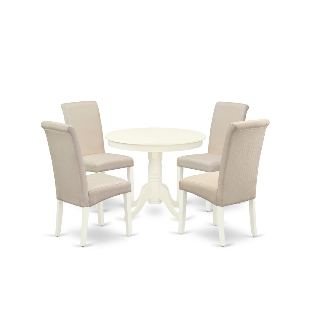 East West Furniture ANBA5-LWH-01 5 Piece Modern Dining Table Set Includes a Round Kitchen Table with Pedestal and 4 Cream Linen Fabric Parsons Dining Chairs, 36x36 Inch, Linen White