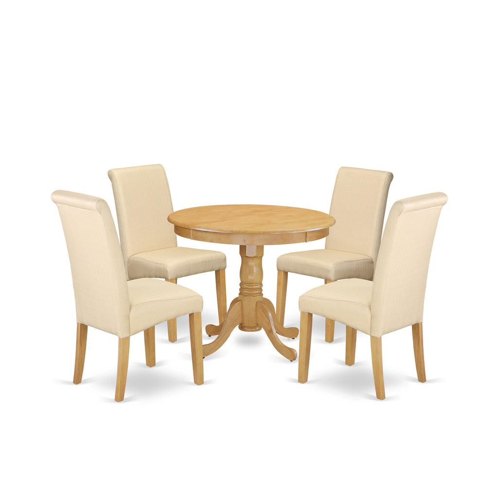 East West Furniture ANBA5-OAK-02 5 Piece Dining Table Set for 4 Includes a Round Kitchen Table with Pedestal and 4 Light Beige Linen Fabric Parson Dining Chairs, 36x36 Inch, Oak