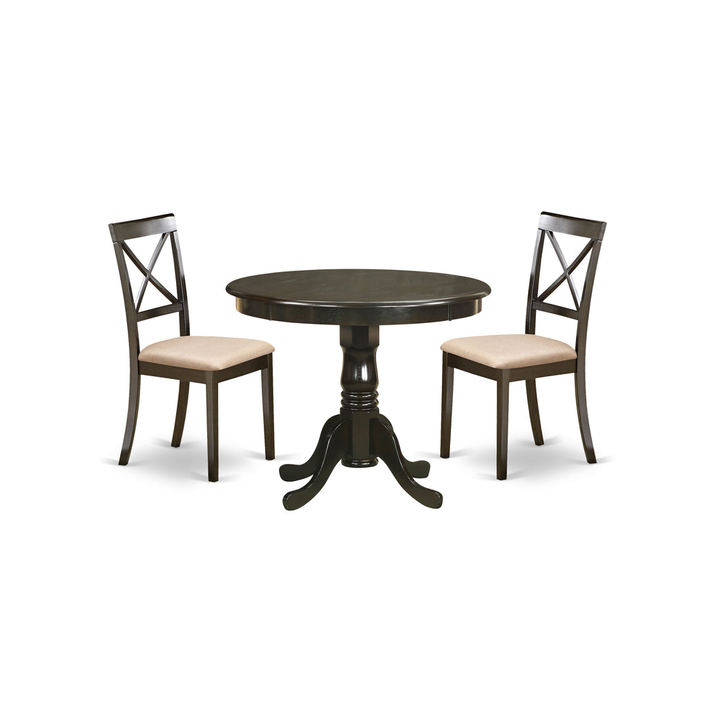 East West Furniture ANBO3-CAP-C 3 Piece Kitchen Table Set for Small Spaces Contains a Round Dining Table with Pedestal and 2 Linen Fabric Dining Room Chairs, 36x36 Inch, Cappuccino