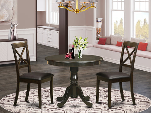 East West Furniture ANBO3-CAP-LC 3 Piece Dining Table Set for Small Spaces Contains a Round Kitchen Table with Pedestal and 2 Faux Leather Dining Room Chairs, 36x36 Inch, Cappuccino