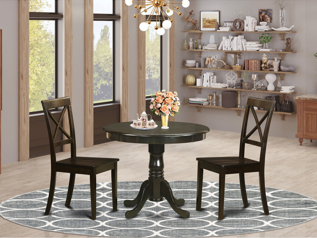 East West Furniture ANBO3-CAP-W 3 Piece Dining Room Furniture Set Contains a Round Dining Table with Pedestal and 2 Wood Seat Chairs, 36x36 Inch, Cappuccino