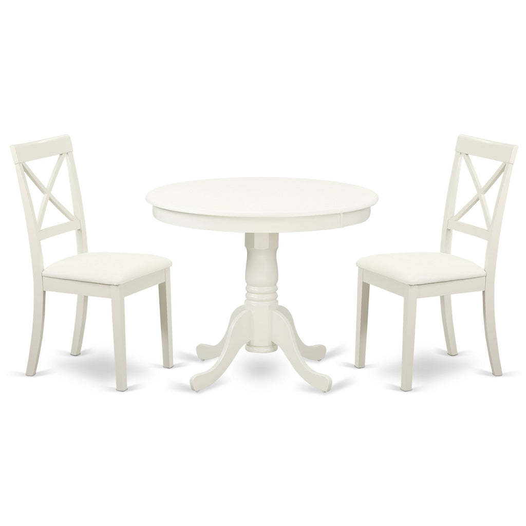 East West Furniture ANBO3-LWH-LC 3 Piece Modern Dining Table Set Contains a Round Kitchen Table with Pedestal and 2 Faux Leather Kitchen Dining Chairs, 36x36 Inch, Linen White