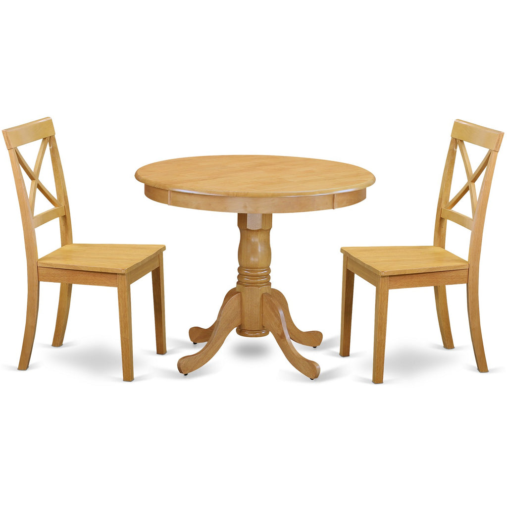 East West Furniture ANBO3-OAK-W 3 Piece Modern Dining Table Set Contains a Round Kitchen Table with Pedestal and 2 Kitchen Dining Chairs, 36x36 Inch, Oak
