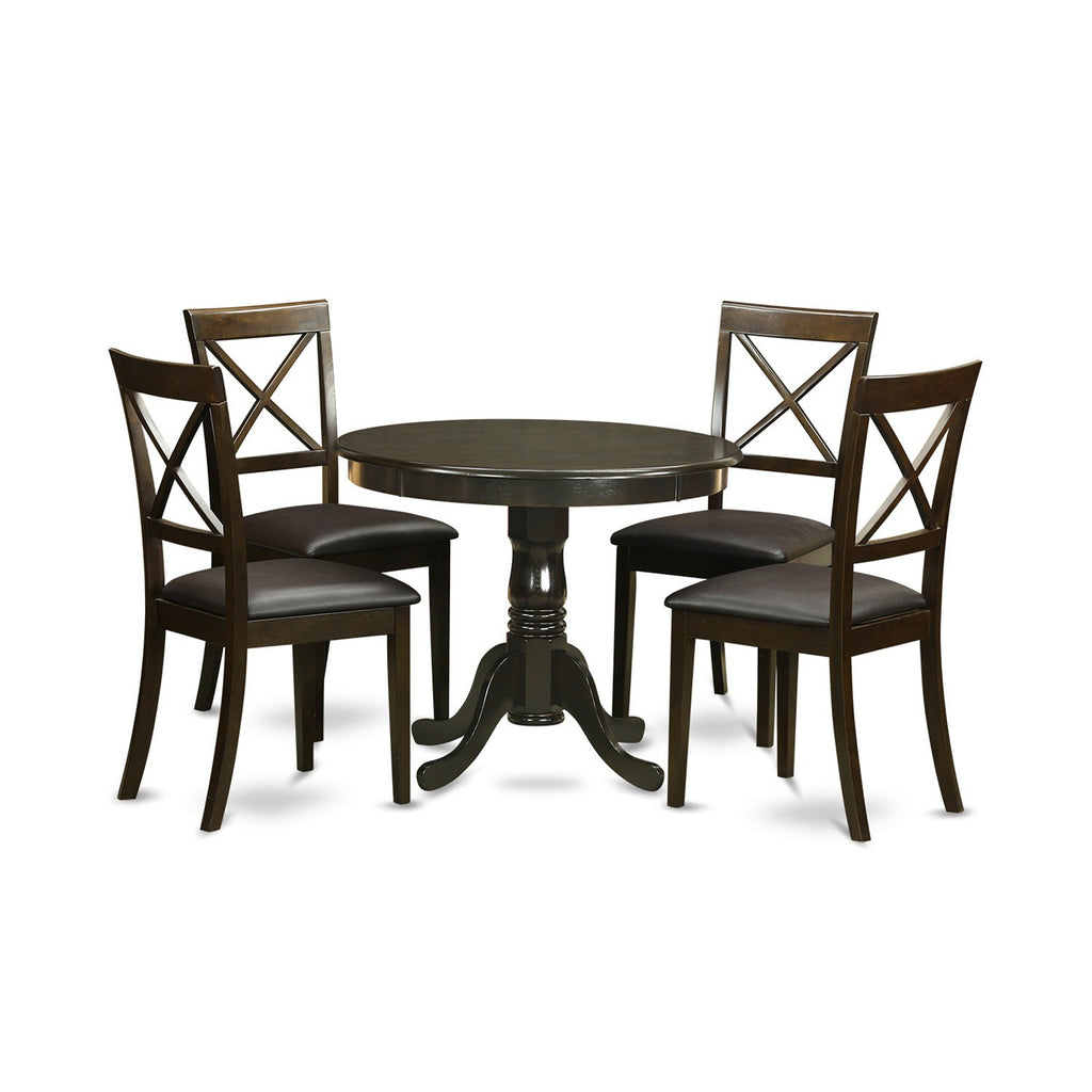 East West Furniture ANBO5-CAP-LC 5 Piece Kitchen Table Set for 4 Includes a Round Dining Table with Pedestal and 4 Faux Leather Dining Room Chairs, 36x36 Inch, Cappuccino