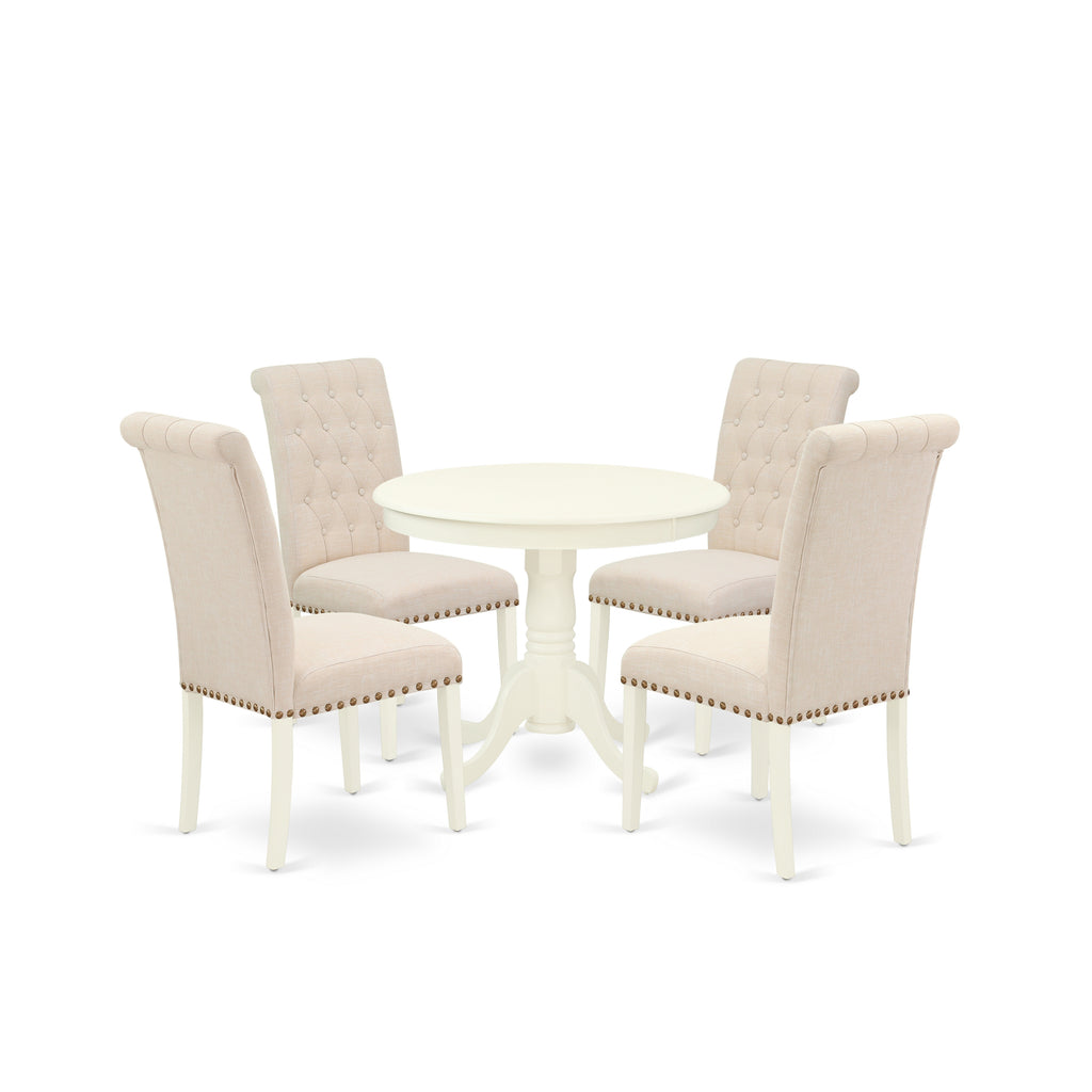East West Furniture ANBR5-LWH-02 5 Piece Dining Room Table Set Includes a Round Kitchen Table with Pedestal and 4 Light Beige Linen Fabric Parsons Dining Chairs, 36x36 Inch, Linen White