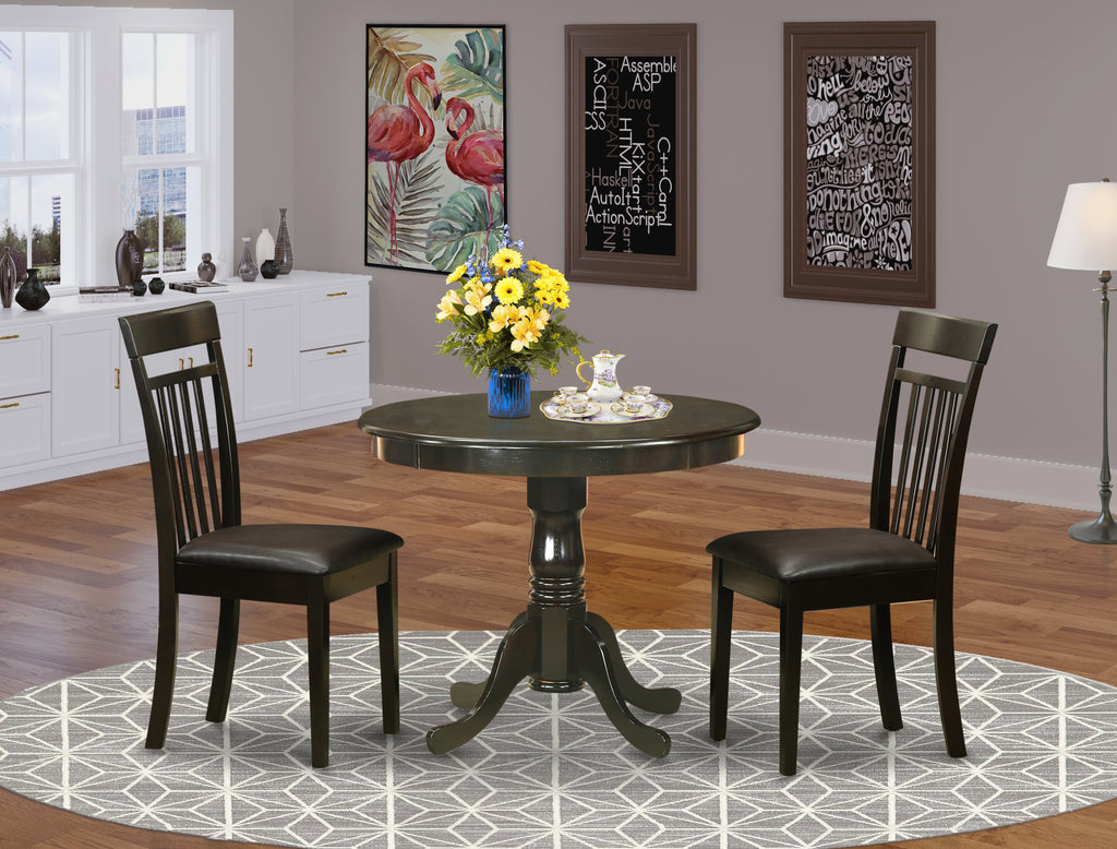 East West Furniture ANCA3-CAP-LC 3 Piece Dining Room Table Set Contains a Round Wooden Table with Pedestal and 2 Faux Leather Kitchen Dining Chairs, 36x36 Inch, Cappuccino