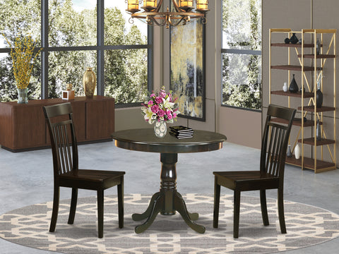 East West Furniture ANCA3-CAP-W 3 Piece Dining Table Set for Small Spaces Contains a Round Kitchen Table with Pedestal and 2 Dining Room Chairs, 36x36 Inch, Cappuccino
