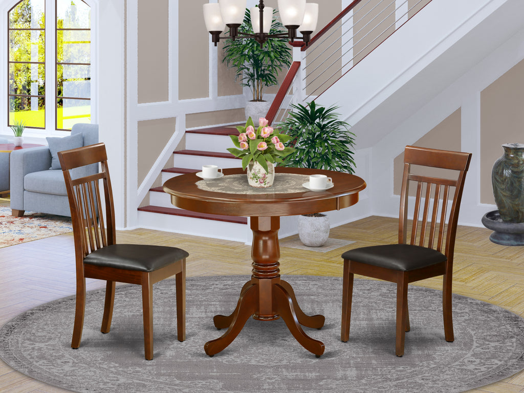 East West Furniture ANCA3-MAH-LC 3 Piece Kitchen Table Set for Small Spaces Contains a Round Dining Room Table with Pedestal and 2 Faux Leather Upholstered Chairs, 36x36 Inch, Mahogany