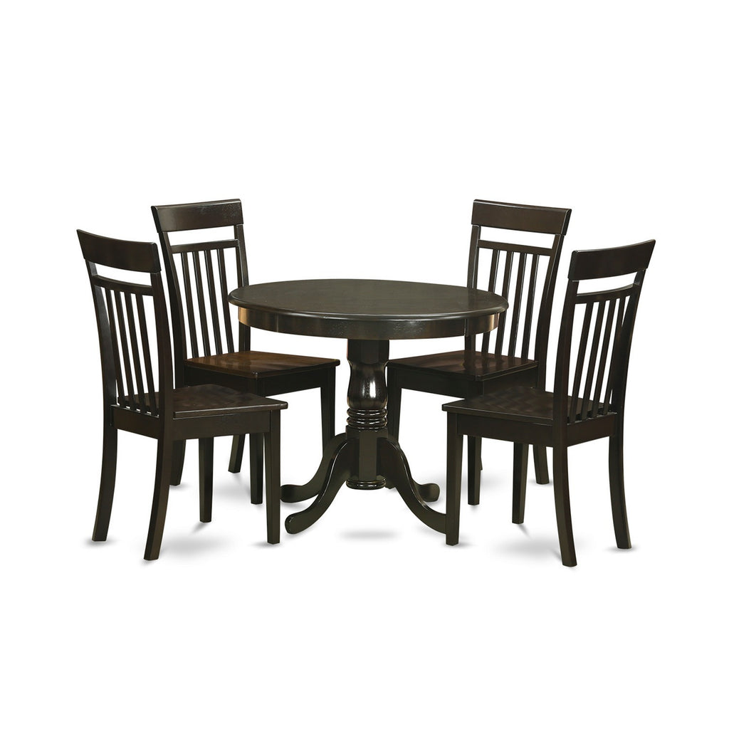 East West Furniture ANCA5-CAP-W 5 Piece Dining Set Includes a Round Dining Room Table with Pedestal and 4 Wood Seat Chairs, 36x36 Inch, Cappuccino