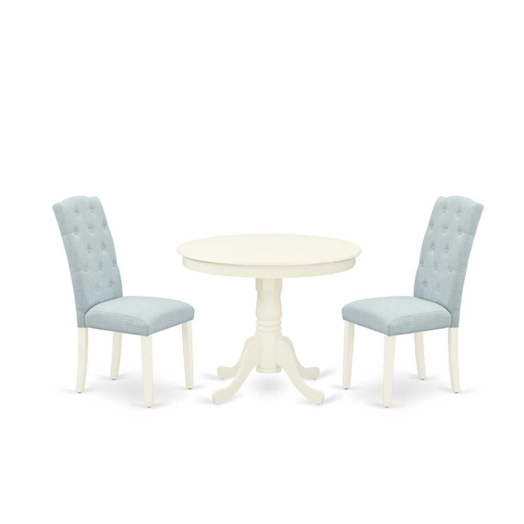 East West Furniture ANCE3-LWH-15 3 Piece Modern Dining Table Set Contains a Round Kitchen Table with Pedestal and 2 Baby Blue Linen Fabric Parsons Dining Chairs, 36x36 Inch, Linen White
