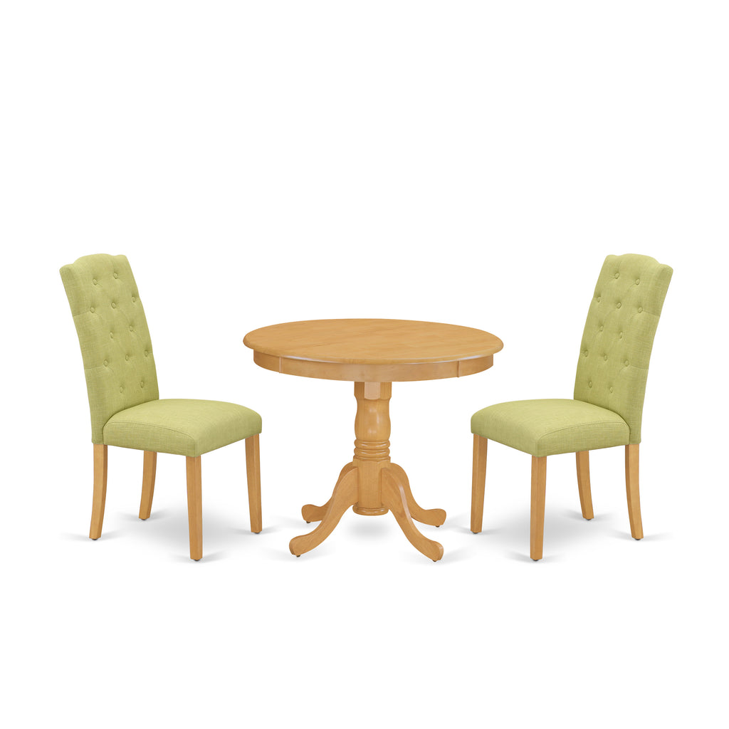 East West Furniture ANCE3-OAK-07 3 Piece Dining Set Contains a Round Kitchen Table with Pedestal and 2 Limelight Linen Fabric Upholstered Parson Chairs, 36x36 Inch, Oak