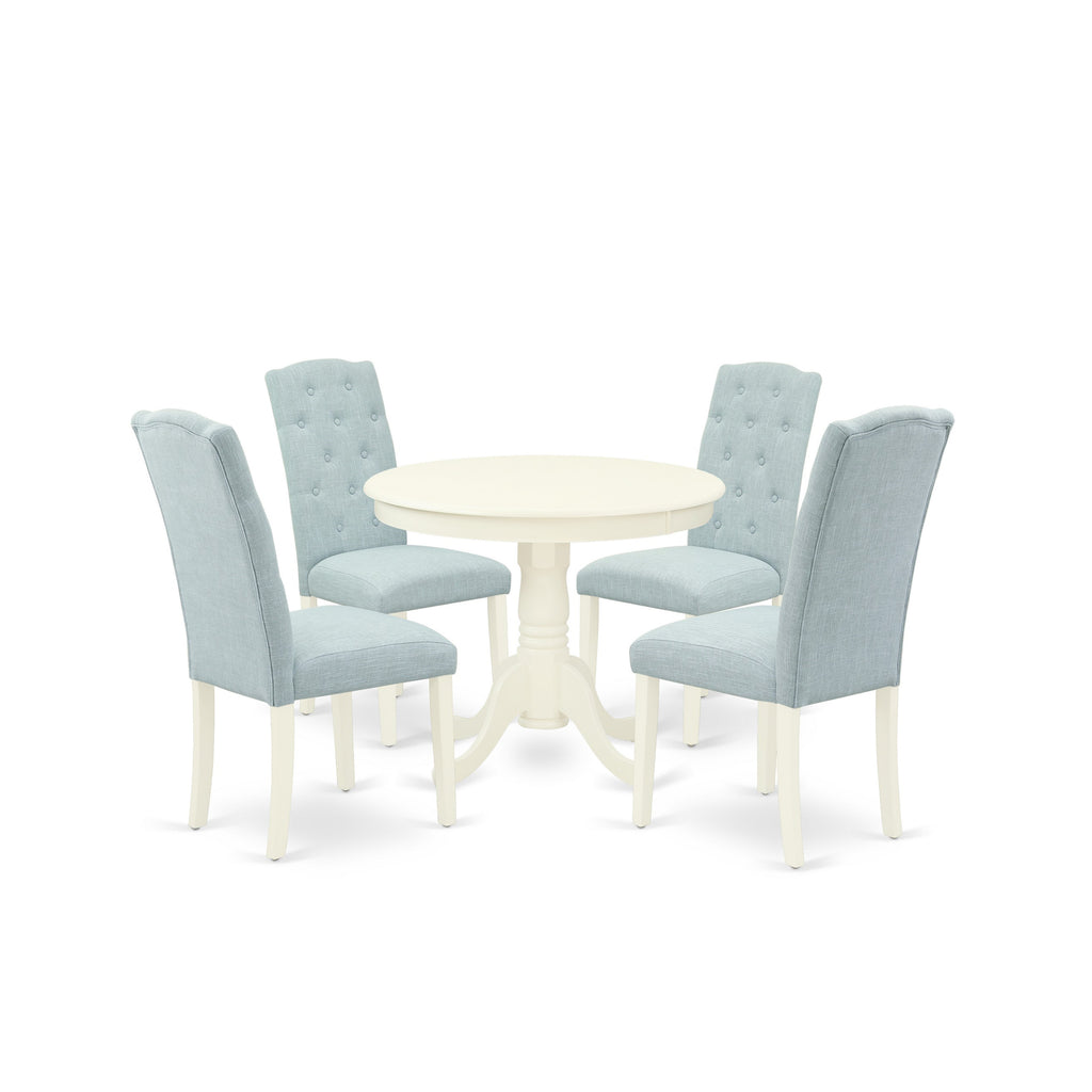 East West Furniture ANCE5-LWH-15 5 Piece Dinette Set for 4 Includes a Round Kitchen Table with Pedestal and 4 Baby Blue Linen Fabric Upholstered Parson Chairs, 36x36 Inch, Linen White