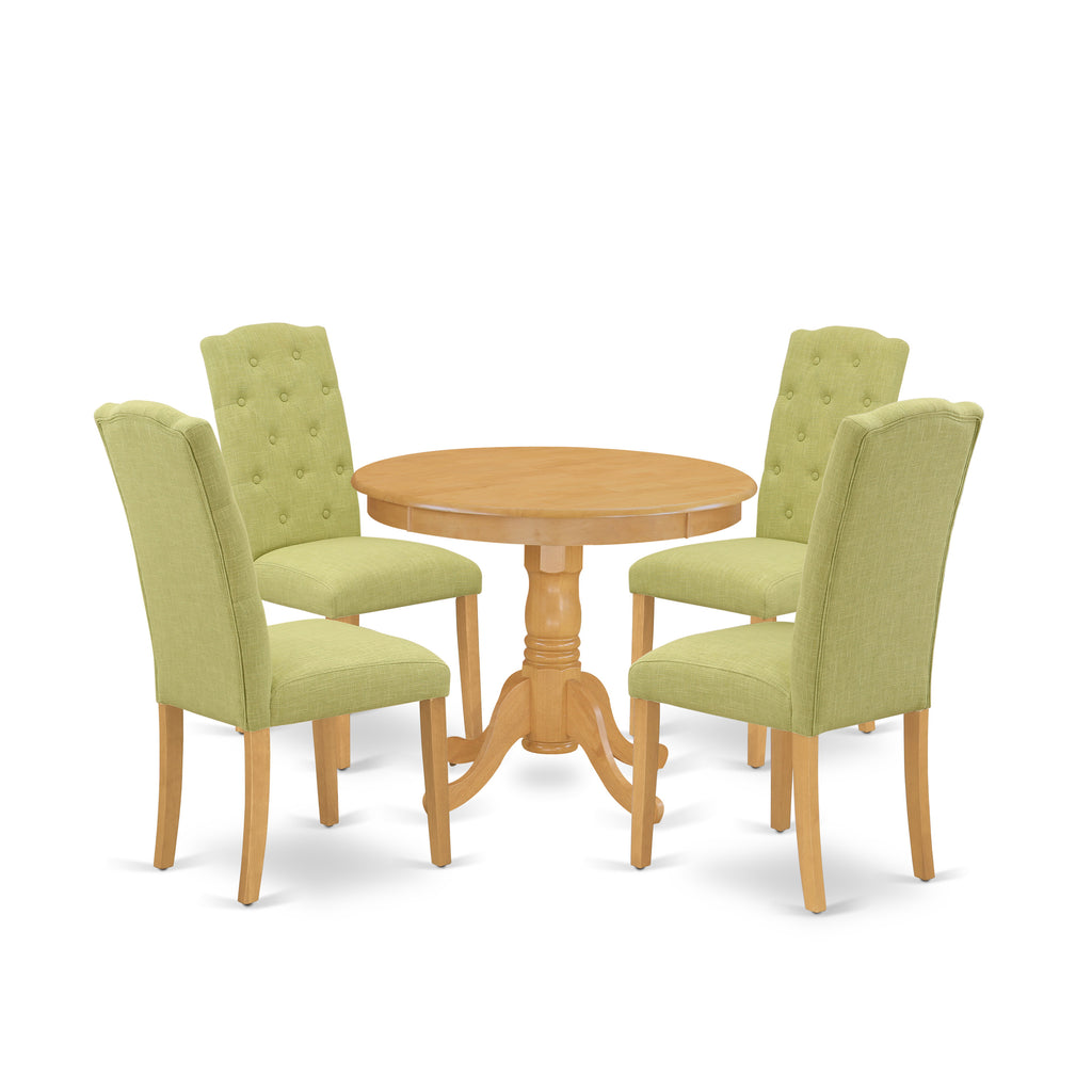 East West Furniture ANCE5-OAK-07 5 Piece Dining Set Includes a Round Kitchen Table with Pedestal and 4 Limelight Linen Fabric Upholstered Parson Chairs, 36x36 Inch, Oak