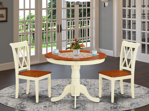 East West Furniture ANCL3-BMK-W 3 Piece Dining Table Set for Small Spaces Contains a Round Kitchen Table with Pedestal and 2 Dining Chairs, 36x36 Inch, Buttermilk & Cherry