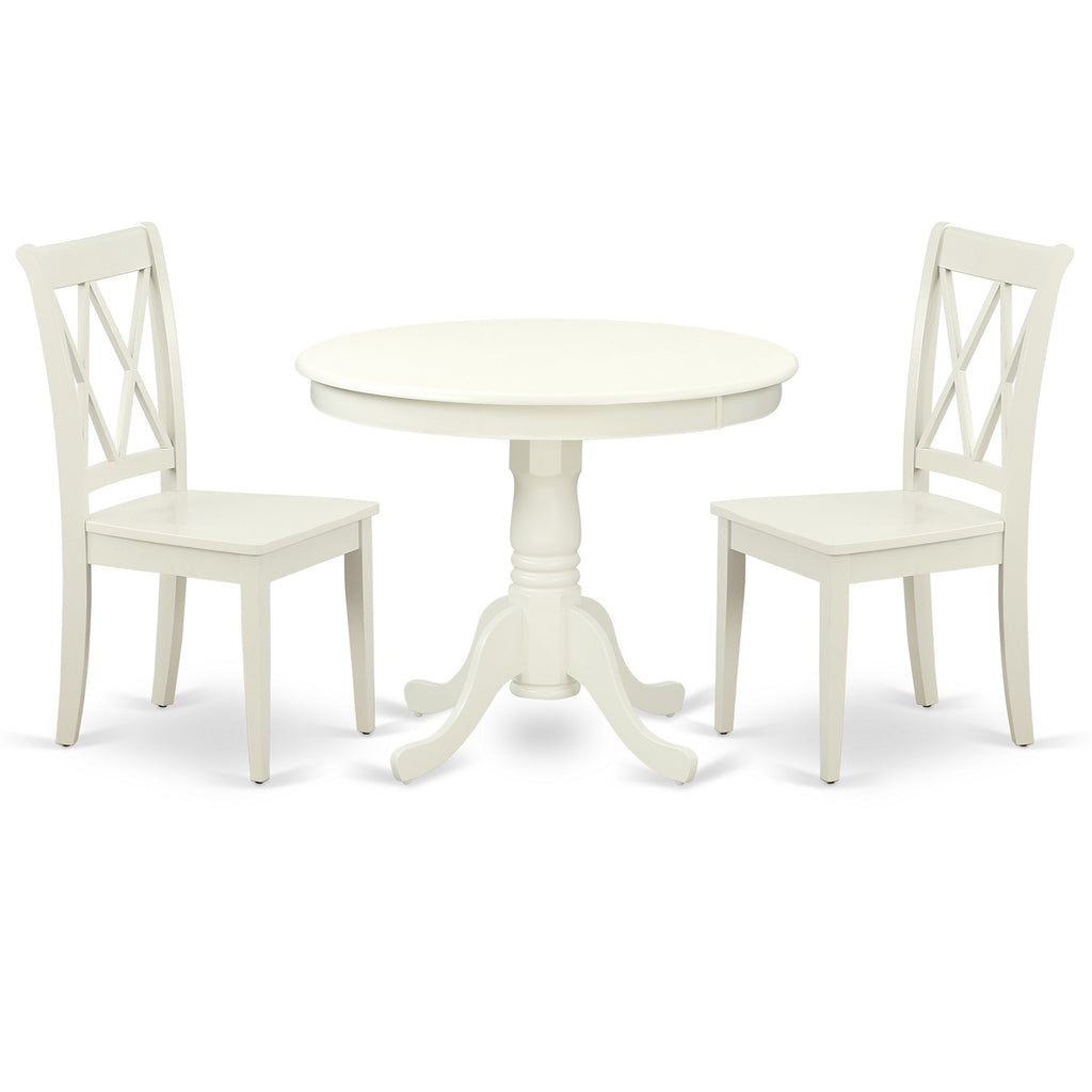 East West Furniture ANCL3-LWH-W 3 Piece Kitchen Table Set for Small Spaces Contains a Round Dining Room Table with Pedestal and 2 Solid Wood Seat Chairs, 36x36 Inch, Linen White