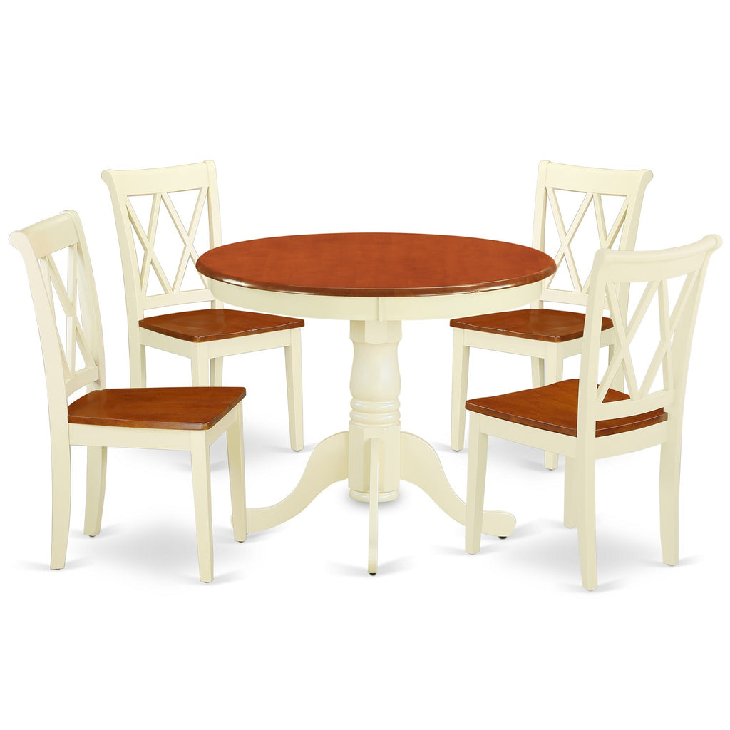 East West Furniture ANCL5-BMK-W 5 Piece Dining Table Set for 4 Includes a Round Kitchen Table with Pedestal and 4 Dining Room Chairs, 36x36 Inch, Buttermilk & Cherry