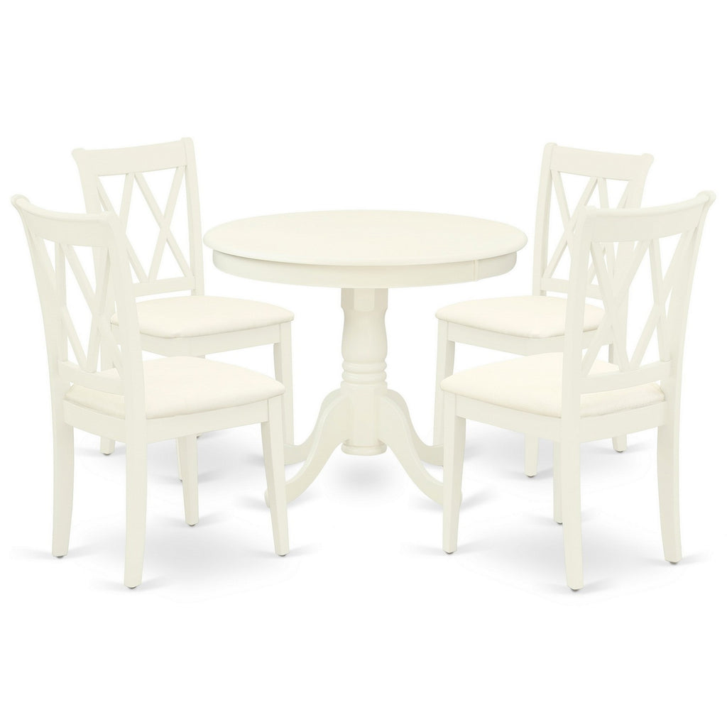 East West Furniture ANCL5-LWH-C 5 Piece Dining Room Table Set Includes a Round Wooden Table with Pedestal and 4 Linen Fabric Kitchen Dining Chairs, 36x36 Inch, Linen White