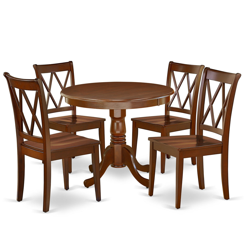 East West Furniture ANCL5-MAH-W 5 Piece Dining Table Set for 4 Includes a Round Kitchen Table with Pedestal and 4 Kitchen Dining Chairs, 36x36 Inch, Mahogany