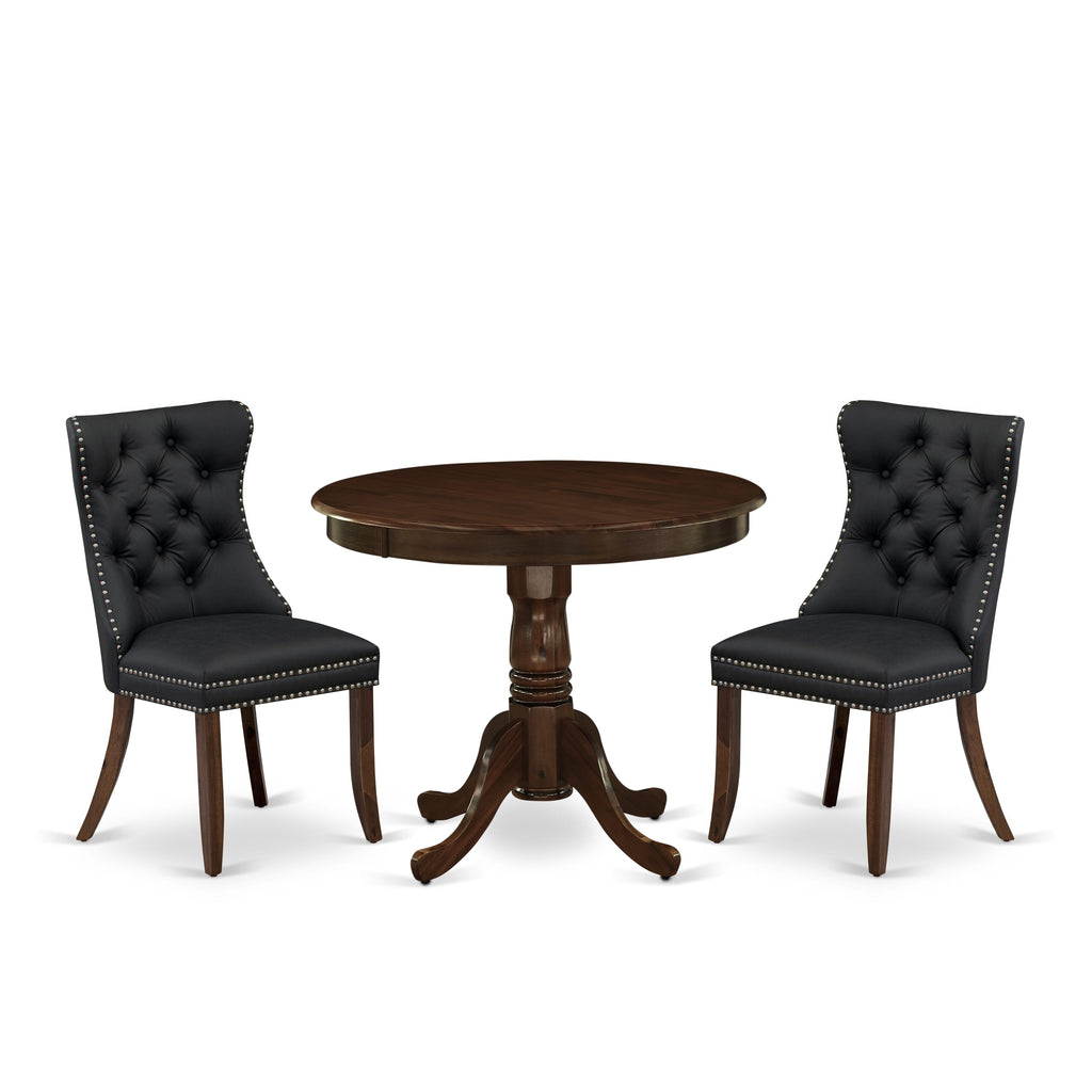 East West Furniture ANDA3-AWA-12 3 Piece Kitchen Table & Chairs Set Consists of a Round Dining Table with Pedestal and 2 Parson Chairs, 36x36 Inch, Antique Walnut