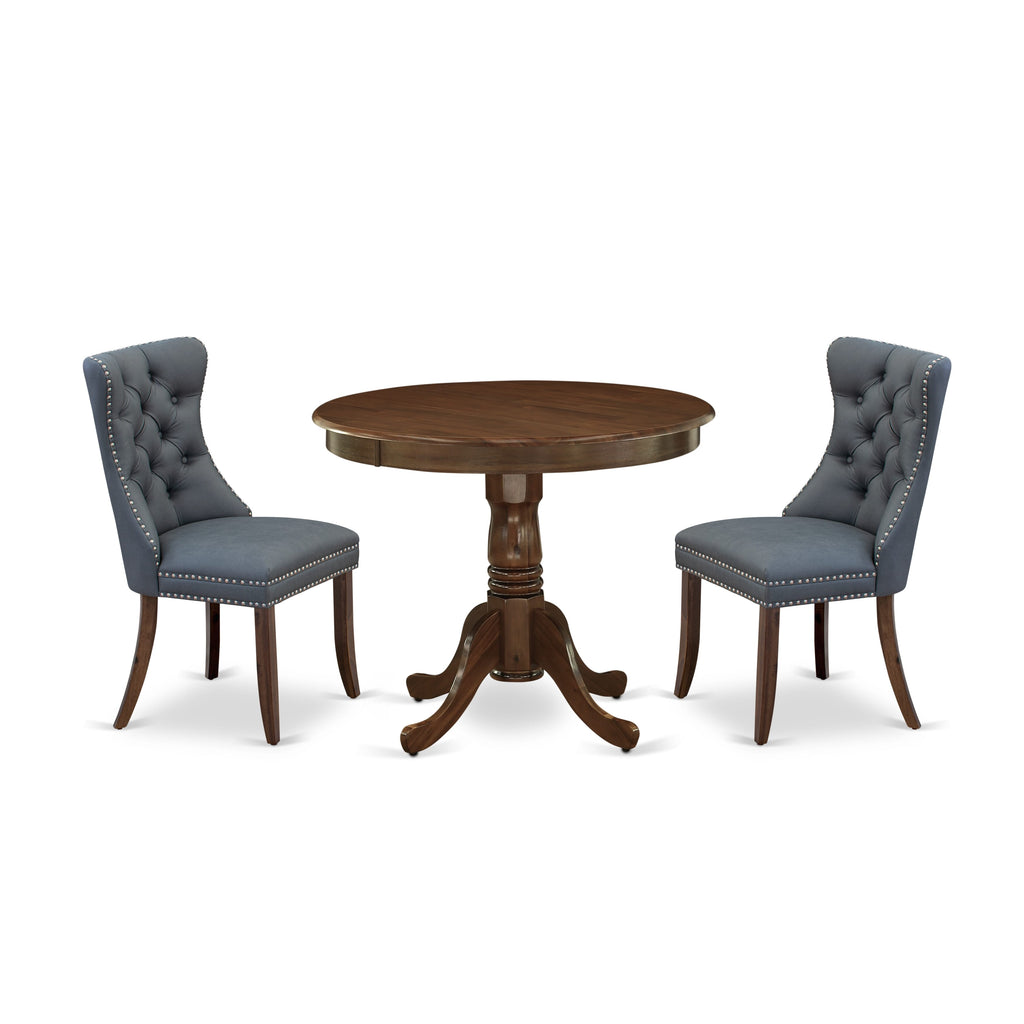 East West Furniture ANDA3-AWA-13 3 Piece Kitchen Table Set Includes a Round Dining Table with Pedestal and 2 Upholstered Parson Chairs, 36x36 Inch, Antique Walnut