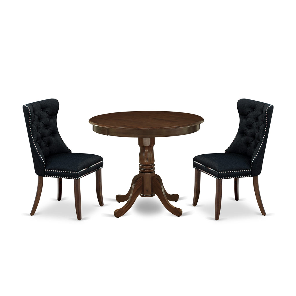 East West Furniture ANDA3-AWA-24 3 Piece Kitchen Table & Chairs Set Contains a Round Dining Table with Pedestal and 2 Padded Chairs, 36x36 Inch, Antique Walnut