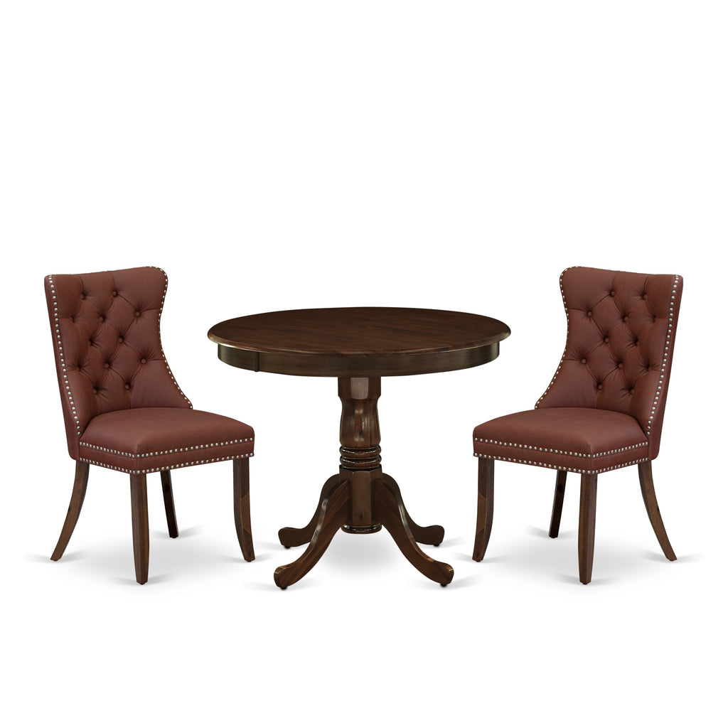 East West Furniture ANDA3-AWA-26 3 Piece Dining Set Includes a Round Kitchen Table with Pedestal and 2 Upholstered Parson Chairs, 36x36 Inch, Antique Walnut