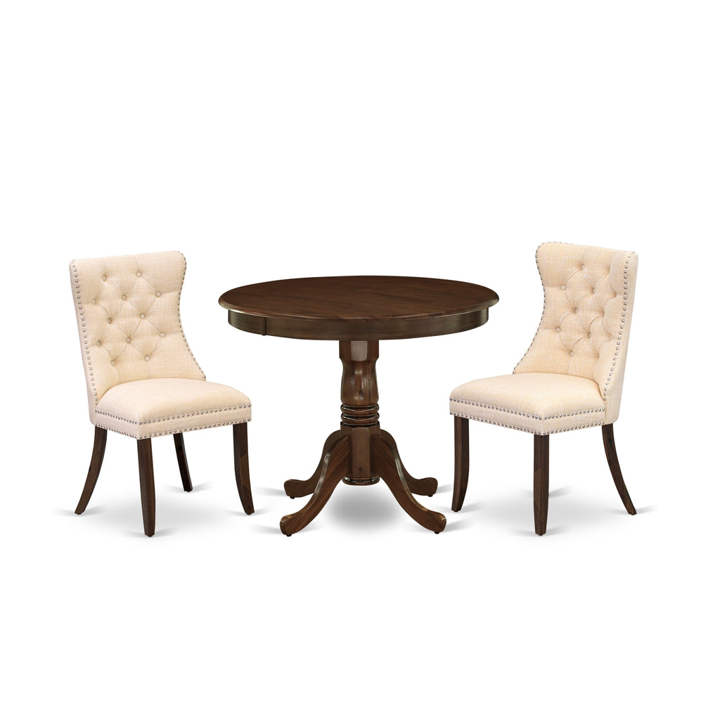 East West Furniture ANDA3-AWA-32 3 Piece Modern Dining Table Set Consists of a Round Kitchen Table with Pedestal and 2 Padded Chairs, 36x36 Inch, Antique Walnut