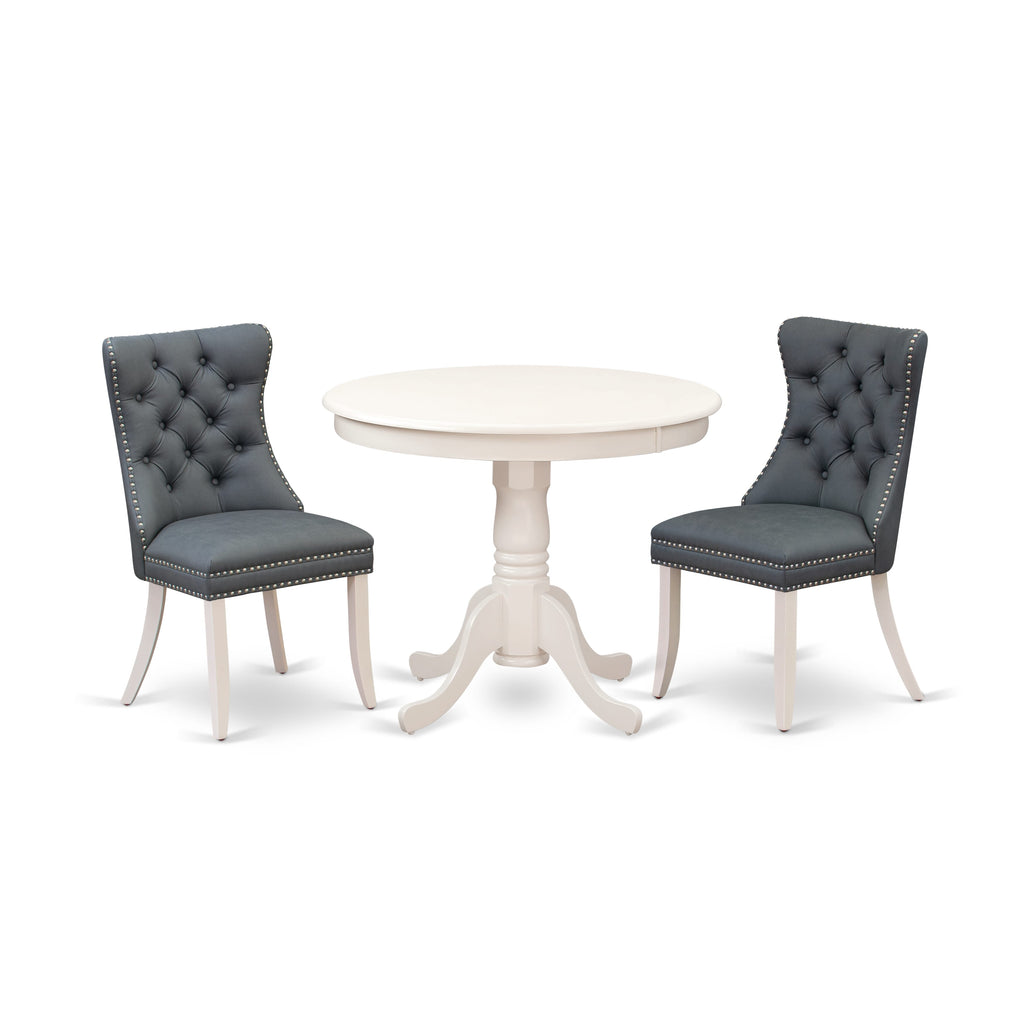 East West Furniture ANDA3-LWH-13 3 Piece Dining Set Contains a Round Kitchen Table with Pedestal and 2 Upholstered Parson Chairs, 36x36 Inch, linen white