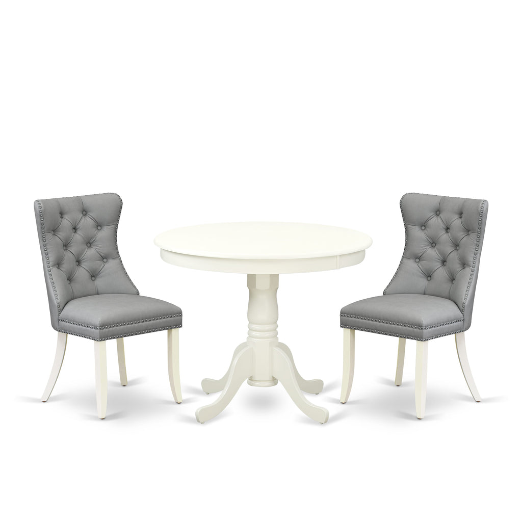 East West Furniture ANDA3-LWH-27 3 Piece Dining Set Consists of a Round Kitchen Table with Pedestal and 2 Upholstered Parson Chairs, 36x36 Inch, linen white