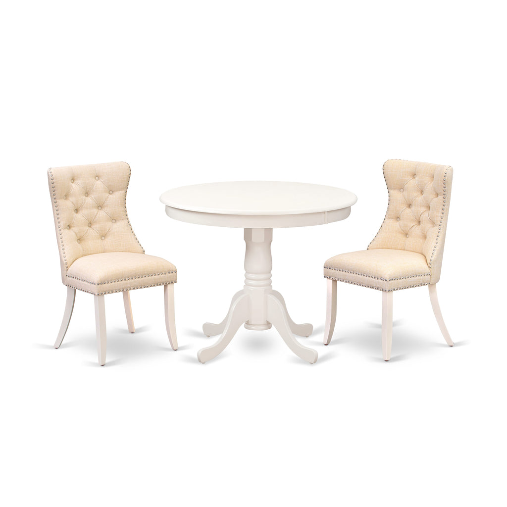 East West Furniture ANDA3-LWH-32 3 Piece Modern Dining Table Set Includes a Round Kitchen Table with Pedestal and 2 Padded Chairs, 36x36 Inch, linen white