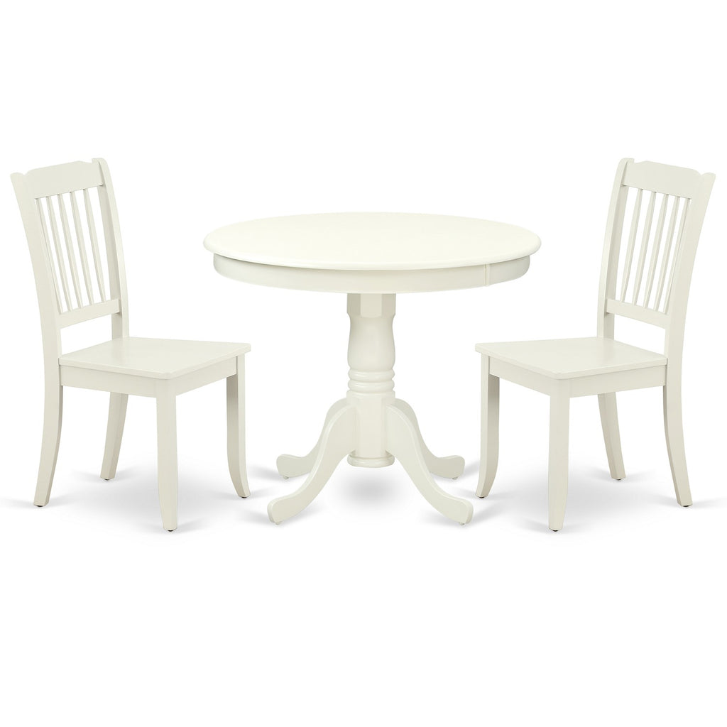 East West Furniture ANDA3-LWH-W 3 Piece Dining Set Contains a Round Kitchen Table with Pedestal and 2 Dining Room Chairs, 36x36 Inch, Linen White
