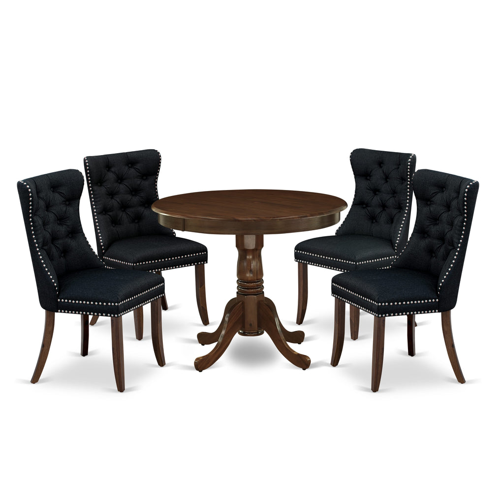 East West Furniture ANDA5-AWA-24 5 Piece Dining Table Set Consists of a Round Kitchen Table with Pedestal and 4 Padded Chairs, 36x36 Inch, Antique Walnut