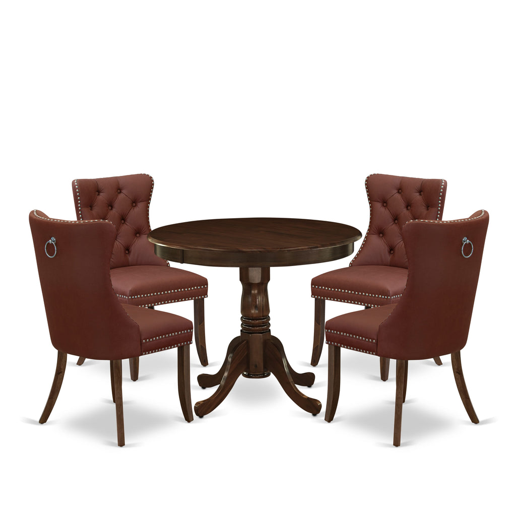 East West Furniture ANDA5-AWA-26 5 Piece Kitchen Table Set Includes a Round Dining Table with Pedestal and 4 Upholstered Parson Chairs, 36x36 Inch, Antique Walnut