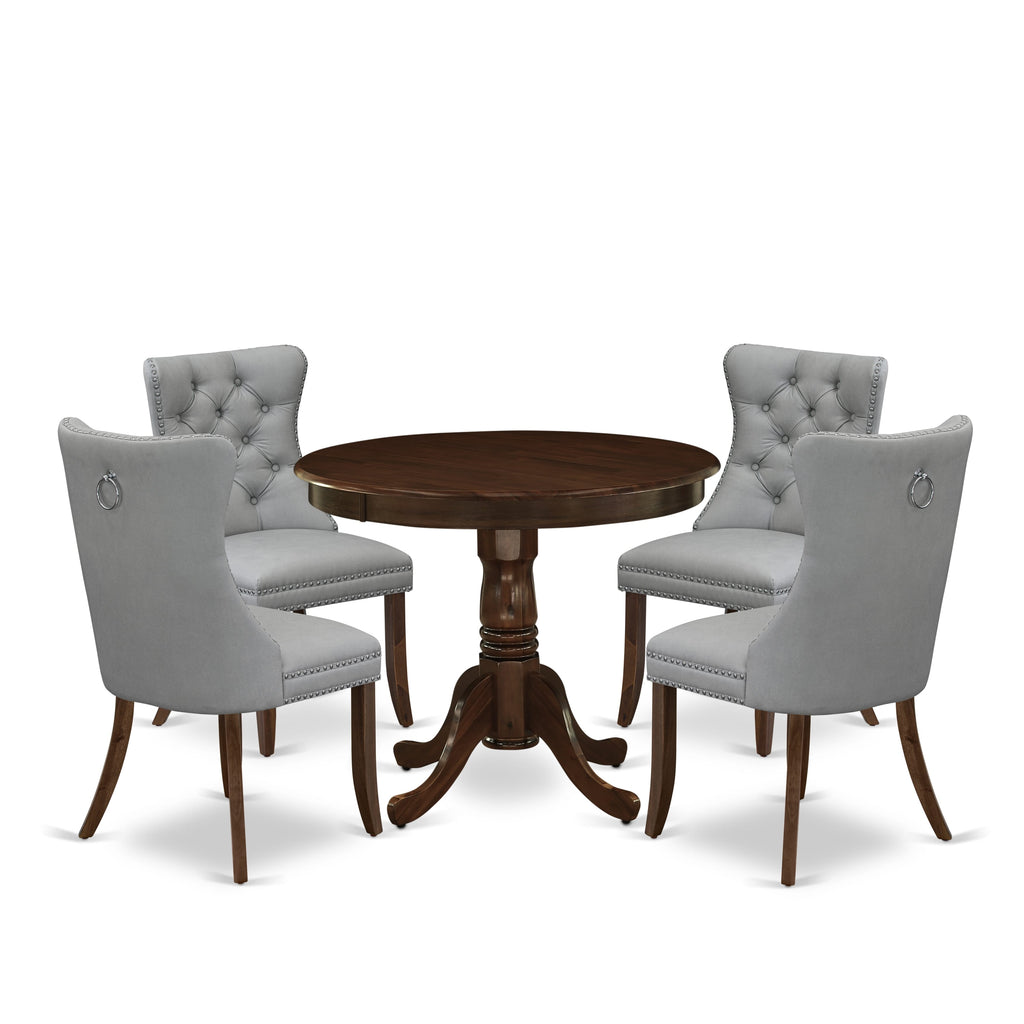 East West Furniture ANDA5-AWA-27 5 Piece Kitchen Table & Chairs Set Includes a Round Dining Table with Pedestal and 4 Upholstered Chairs, 36x36 Inch, Antique Walnut