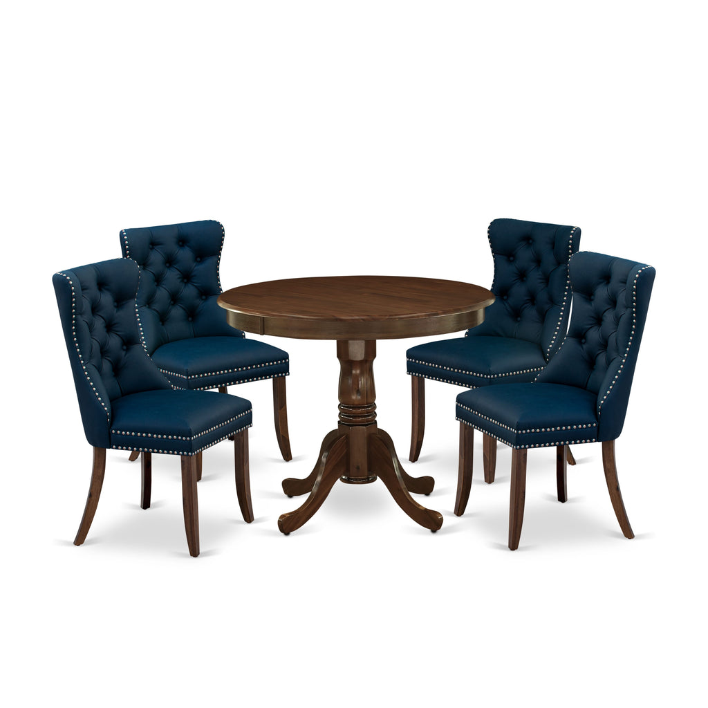 East West Furniture ANDA5-AWA-29 5 Piece Kitchen Table & Chairs Set Contains a Round Dining Table with Pedestal and 4 Upholstered Chairs, 36x36 Inch, Antique Walnut