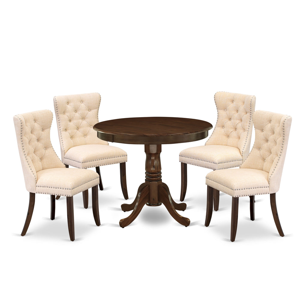 East West Furniture ANDA5-AWA-32 5 Piece Dining Room Furniture Set Includes a Round Kitchen Table with Pedestal and 4 Padded Chairs, 36x36 Inch, Antique Walnut