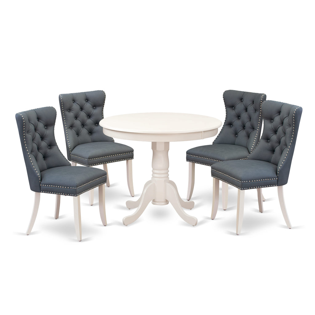 East West Furniture ANDA5-LWH-13 5 Piece Dining Room Furniture Set Consists of a Round Dining Table with Pedestal and 4 Upholstered Parson Chairs, 36x36 Inch, linen white