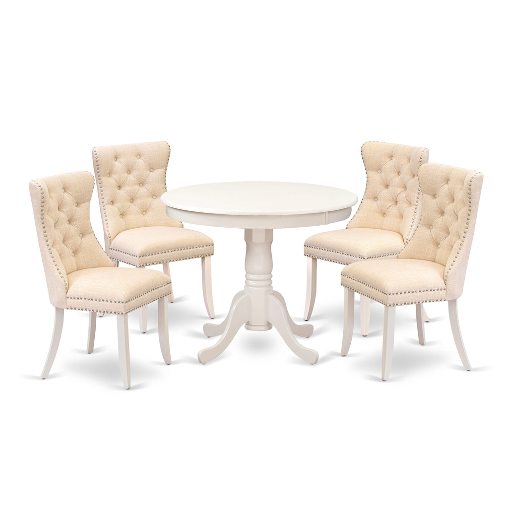 East West Furniture ANDA5-LWH-32 5 Piece Modern Dining Table Set Includes a Round Kitchen Table with Pedestal and 4 Upholstered Chairs, 36x36 Inch, linen white