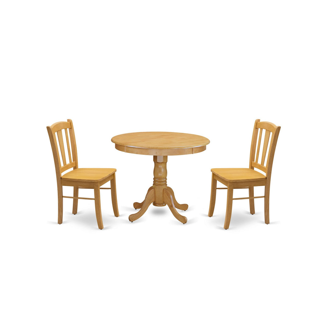 East West Furniture ANDL3-OAK-W 3 Piece Dining Set Contains a Round Dining Room Table with Pedestal and 2 Wood Seat Chairs, 36x36 Inch, Oak