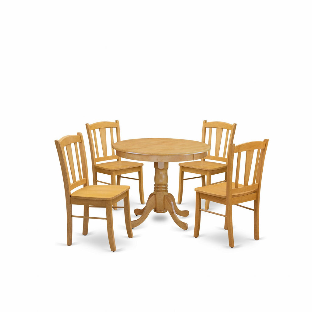 East West Furniture ANDL5-OAK-W 5 Piece Dining Set Includes a Round Kitchen Table with Pedestal and 4 Dining Room Chairs, 36x36 Inch, Oak