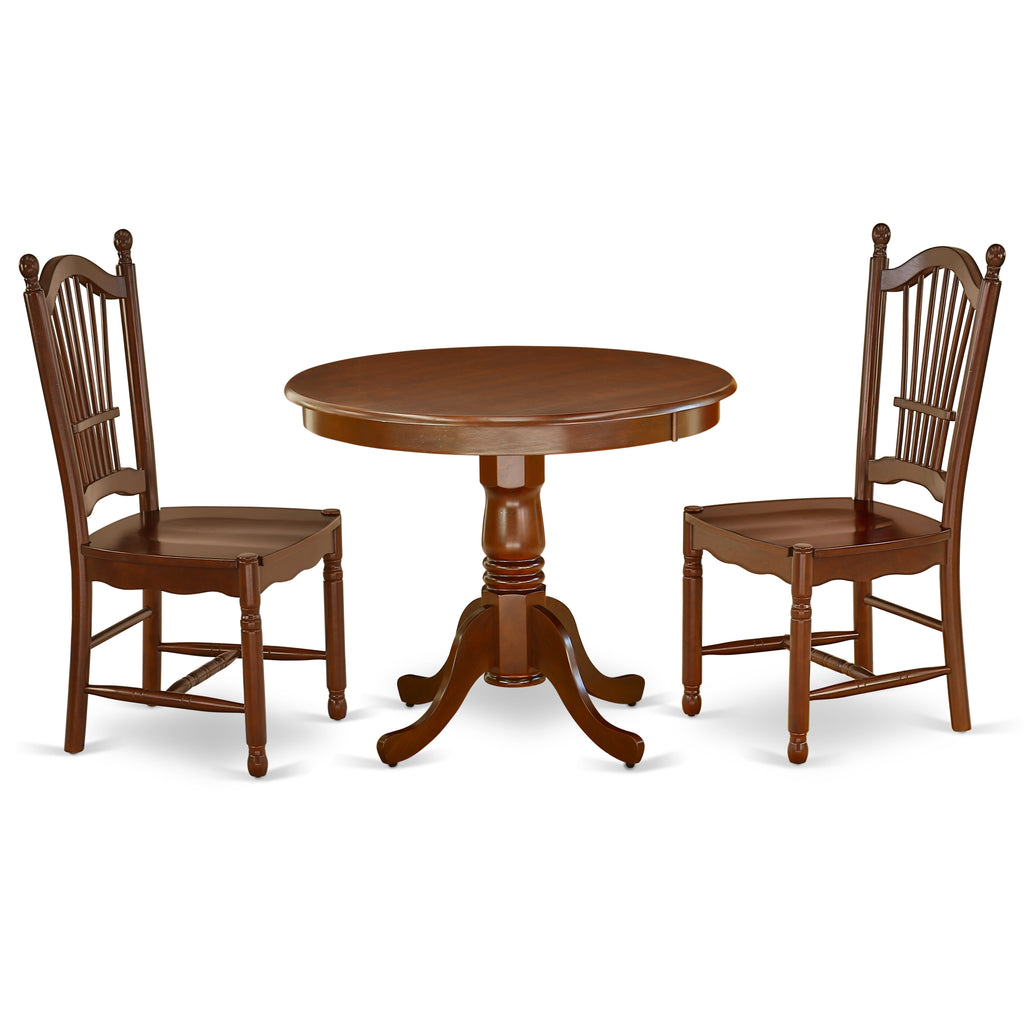 East West Furniture ANDO3-MAH-W 3 Piece Dining Set Contains a Round Dining Room Table with Pedestal and 2 Wood Seat Chairs, 36x36 Inch, Mahogany