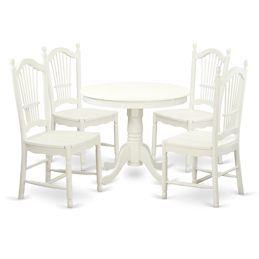 East West Furniture ANDO5-LWH-W 5 Piece Dining Room Furniture Set Includes a Round Kitchen Table with Pedestal and 4 Dining Chairs, 36x36 Inch, Linen White