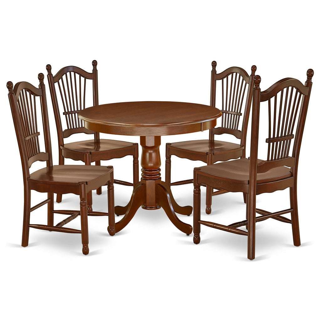 East West Furniture ANDO5-MAH-W 5 Piece Dining Table Set for 4 Includes a Round Kitchen Table with Pedestal and 4 Dinette Chairs, 36x36 Inch, Mahogany