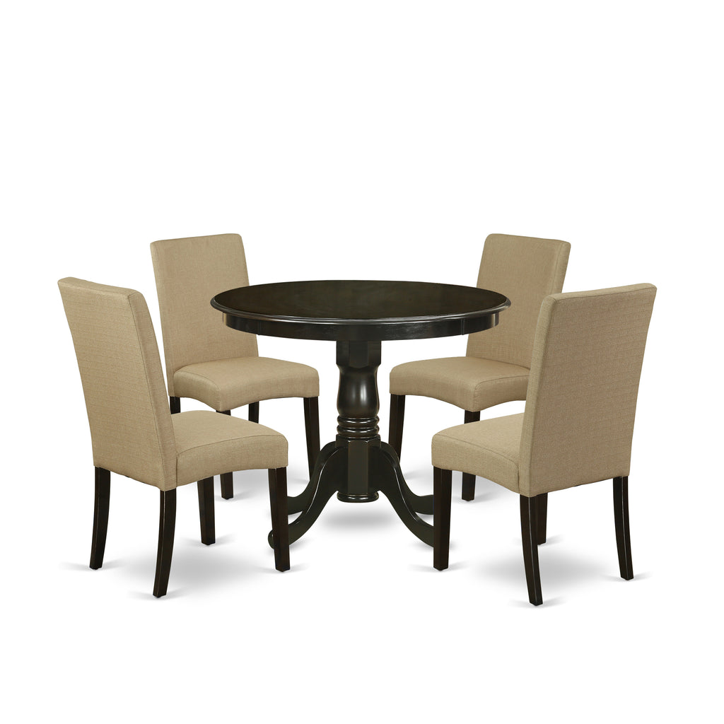 East West Furniture ANDR5-CAP-03 5 Piece Kitchen Table & Chairs Set Includes a Round Dining Room Table with Pedestal and 4 Brown Linen Fabric Parson Dining Chairs, 36x36 Inch, Cappuccino