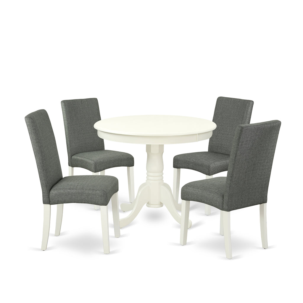 East West Furniture ANDR5-LWH-07 5 Piece Dinette Set for 4 Includes a Round Kitchen Table with Pedestal and 4 Gray Linen Fabric Parson Dining Room Chairs, 36x36 Inch, Linen White