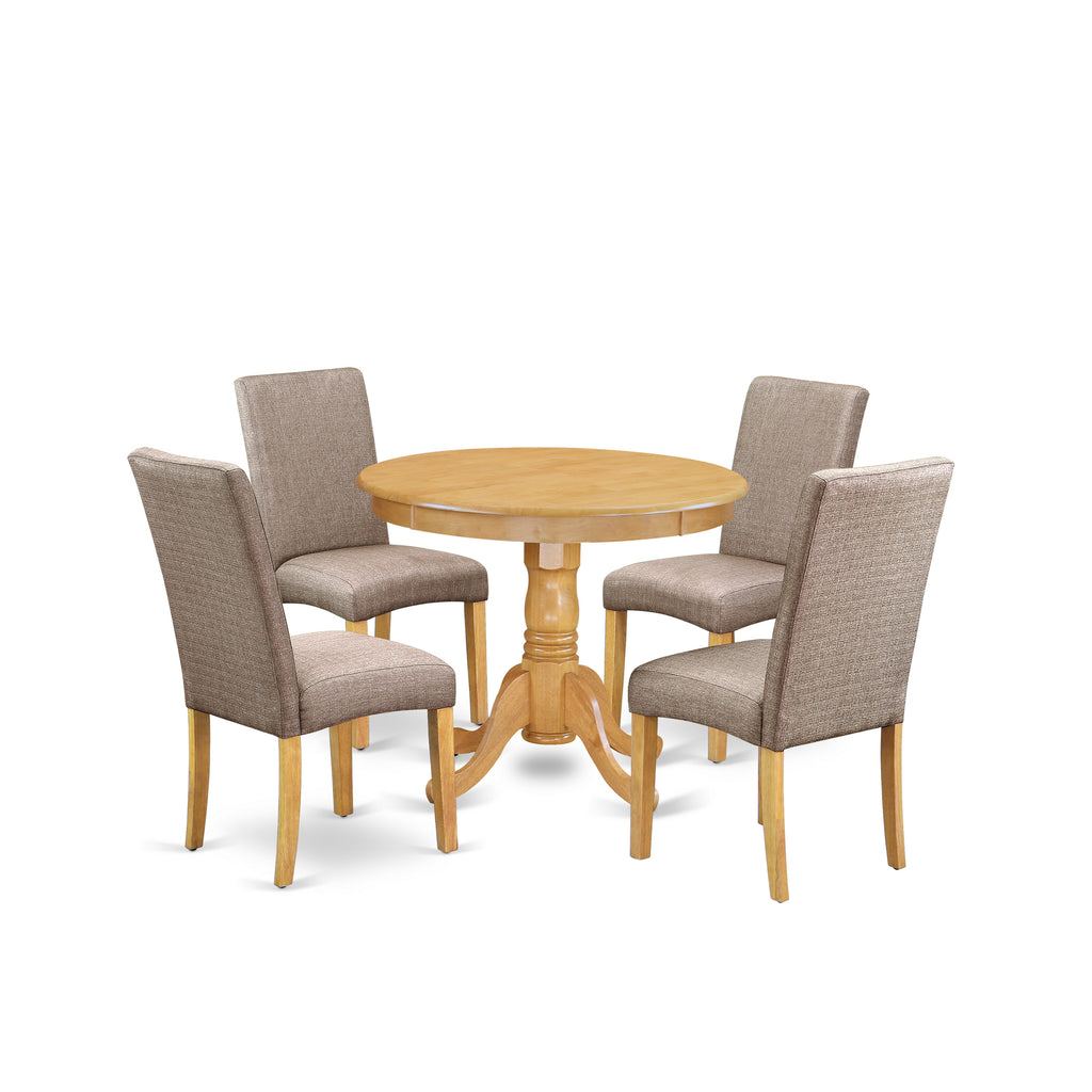 East West Furniture ANDR5-OAK-16 5 Piece Dining Set Includes a Round Kitchen Table with Pedestal and 4 Dark Khaki Linen Fabric Upholstered Parson Chairs, 36x36 Inch, Oak